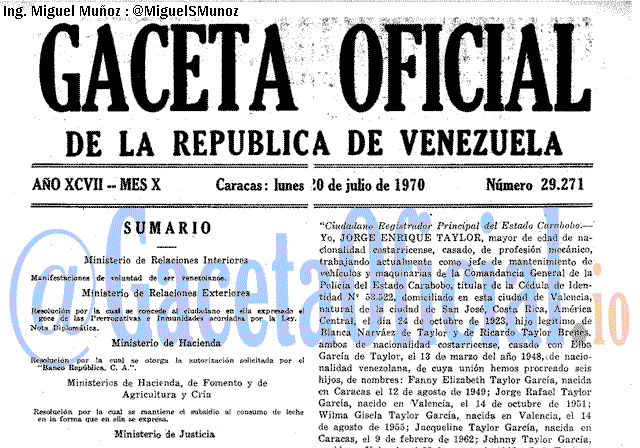 Gaceta Oficial 29271 del 20 Julio 1970