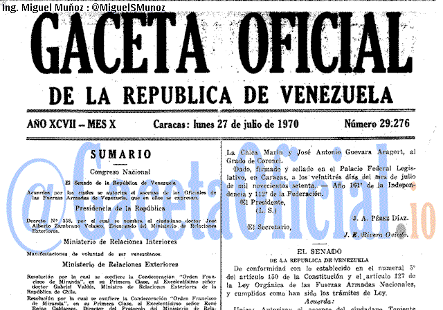 Gaceta Oficial 29276 del 27 Julio 1970