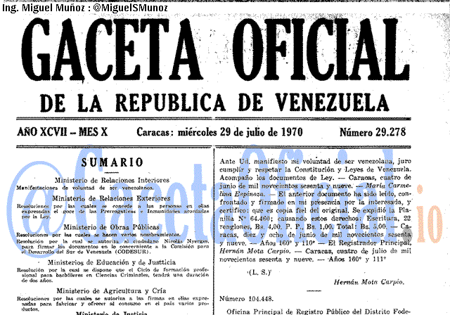 Gaceta Oficial 29278 del 29 Julio 1970