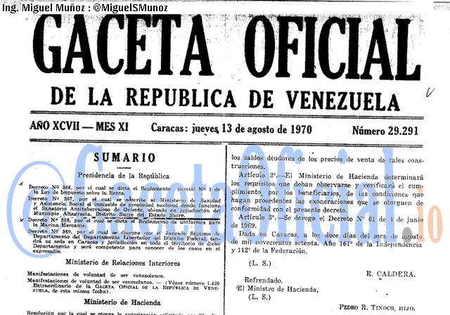 Gaceta Oficial 29291 del 13 Agosto 1970