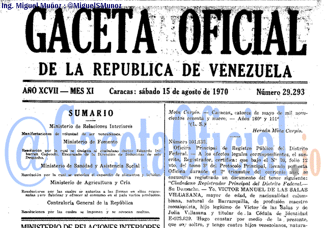 Gaceta Oficial 29293 del 15 Agosto 1970