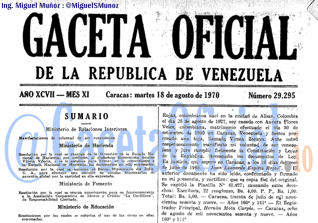 Gaceta Oficial 29295 del 18 Agosto 1970
