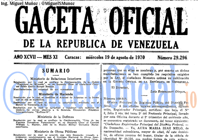 Gaceta Oficial 29296 del 19 Agosto 1970