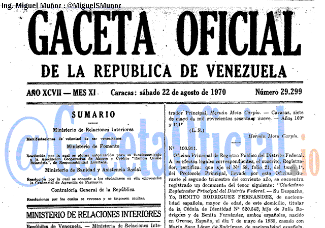 Gaceta Oficial 29299 del 22 Agosto 1970