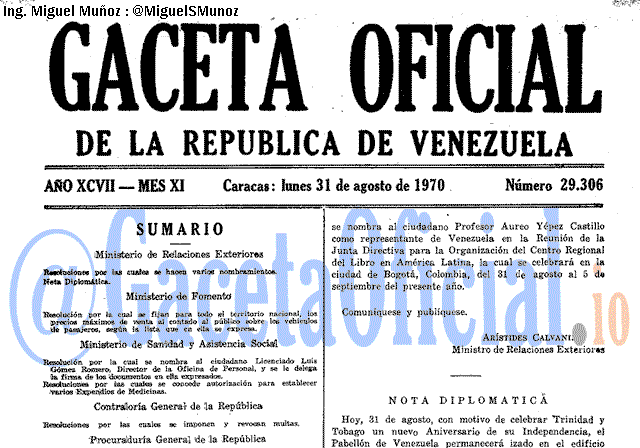 Gaceta Oficial 29306 del 31 Agosto 1970