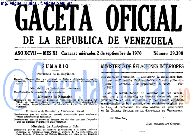 Gaceta Oficial 29308 del 2 Septiembre 1970