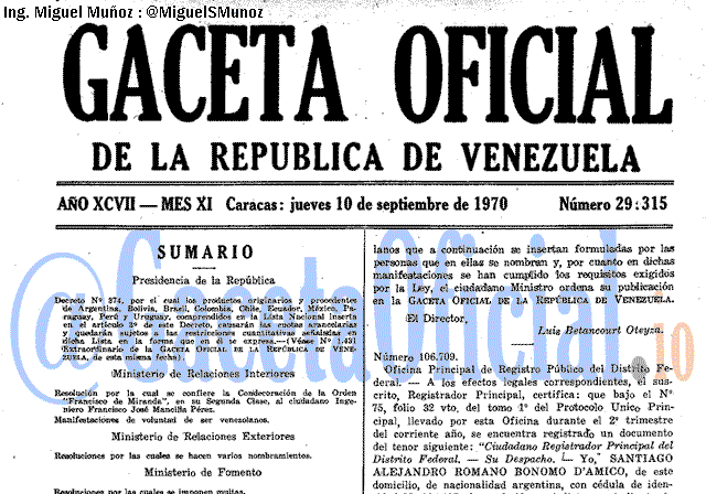 Gaceta Oficial 29315 del 10 Septiembre 1970
