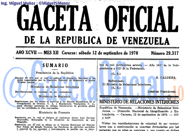 Gaceta Oficial 29317 del 12 Septiembre 1970
