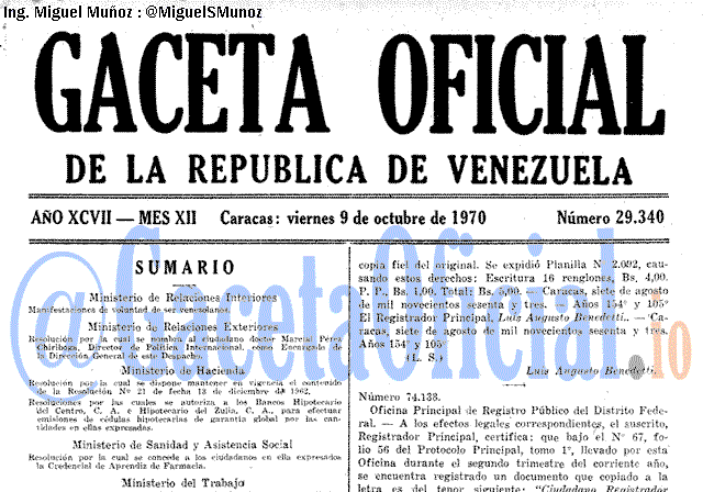 Gaceta Oficial 29340 del 9 Octubre 1970