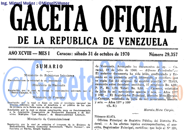 Gaceta Oficial 29357 del 31 Octubre 1970