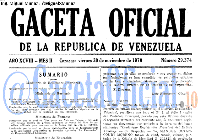 Gaceta Oficial 29374 del 20 Noviembre 1970