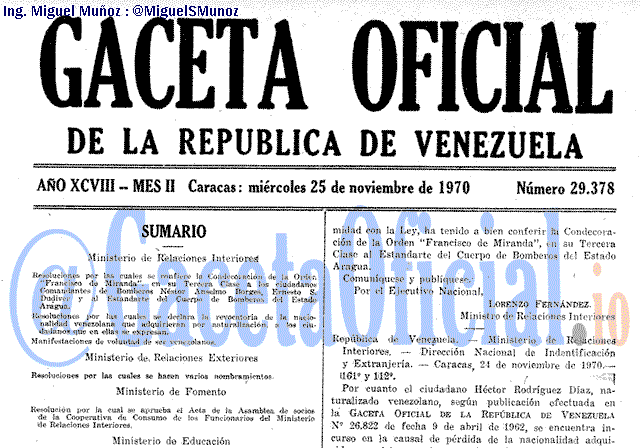 Gaceta Oficial 29378 del 25 Noviembre 1970