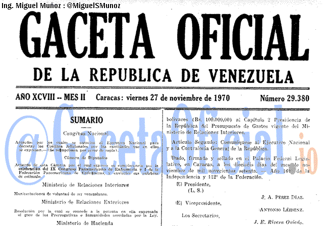 Gaceta Oficial 29380 del 27 Noviembre 1970
