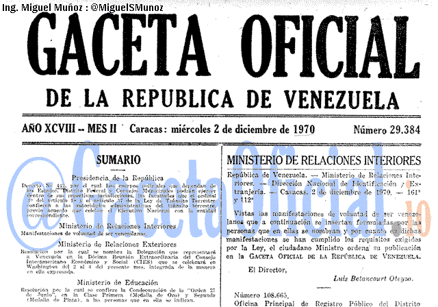 Gaceta Oficial 29384 del 2 Diciembre 1970