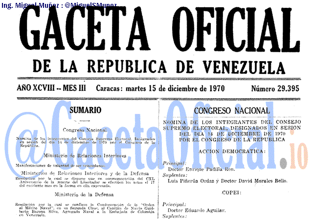 Gaceta Oficial 29395 del 15 Diciembre 1970