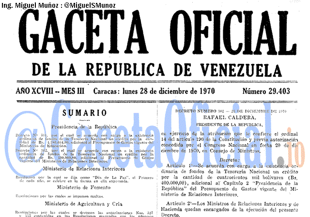 Gaceta Oficial 29403 del 28 Diciembre 1970