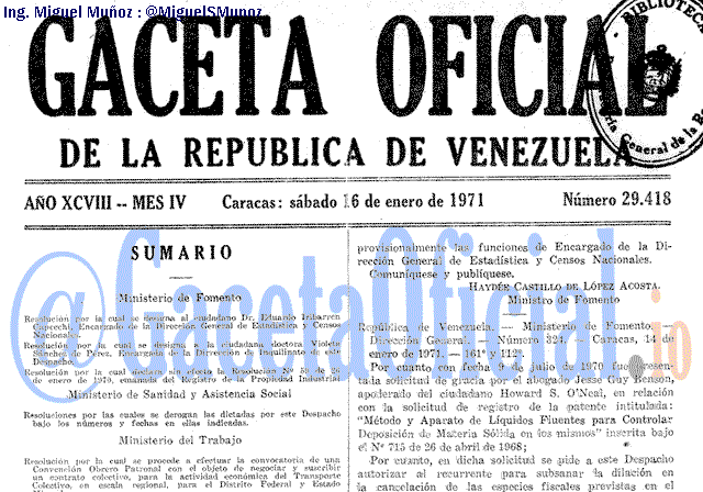 Gaceta Oficial 29418 del 16 Enero 1971