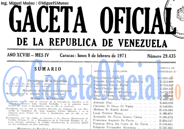 Gaceta Oficial 29435 del 8 Febrero 1971