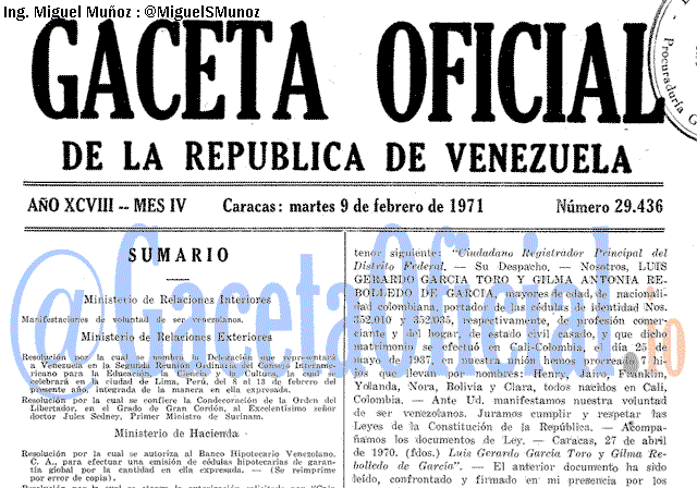 Gaceta Oficial 29436 del 9 Febrero 1971