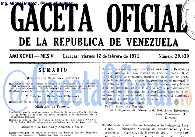 Gaceta Oficial 29439 del 12 Febrero 1971