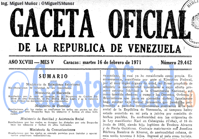 Gaceta Oficial 29442 del 16 Febrero 1971