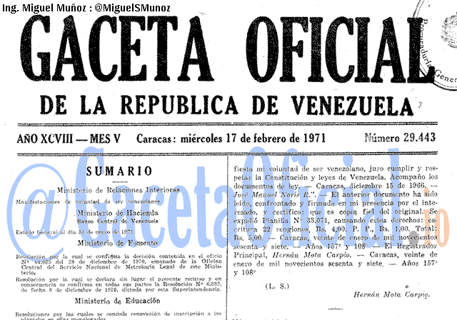 Gaceta Oficial 29443 del 17 Febrero 1971