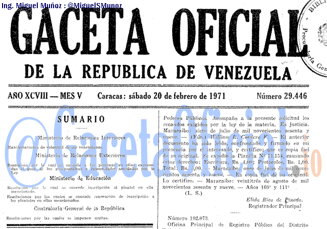 Gaceta Oficial 29446 del 20 Febrero 1971