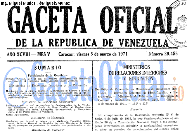 Gaceta Oficial 29455 del 5 Marzo 1971