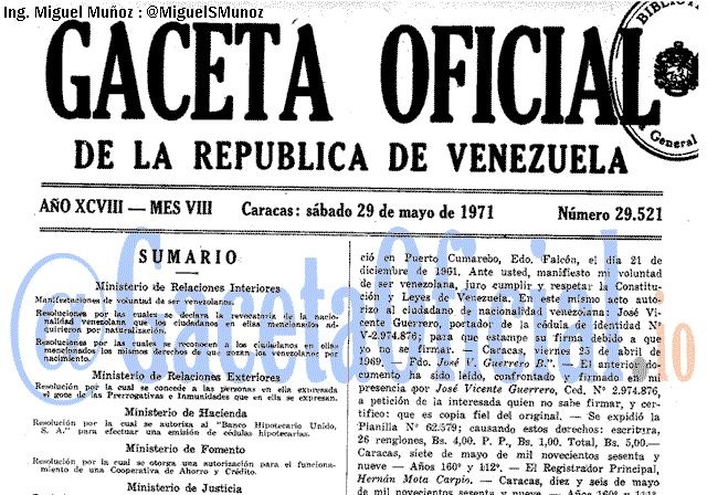 Gaceta Oficial 29521 del 29 Mayo 1971
