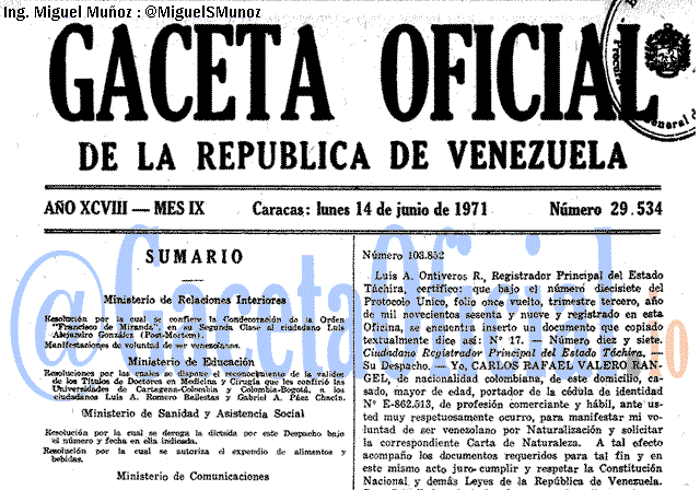 Gaceta Oficial 29534 del 14 Junio 1971