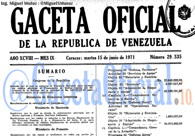 Gaceta Oficial 29535 del 15 Junio 1971
