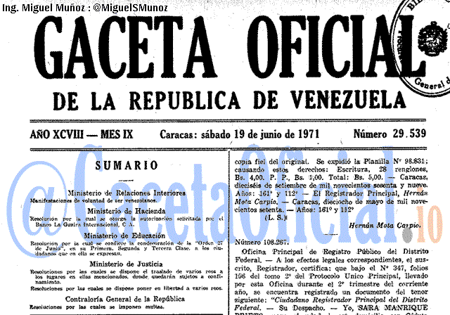Gaceta Oficial 29539 del 19 Junio 1971