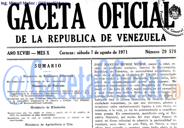 Gaceta Oficial 29578 del 7 Agosto 1971