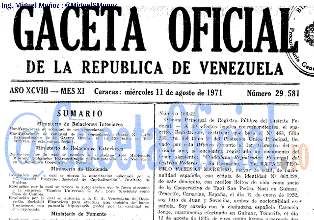 Gaceta Oficial 29581 del 11 Agosto 1971