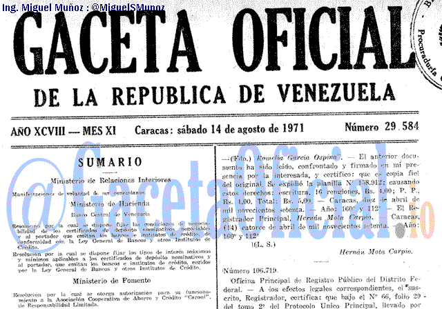 Gaceta Oficial 29584 del 14 Agosto 1971