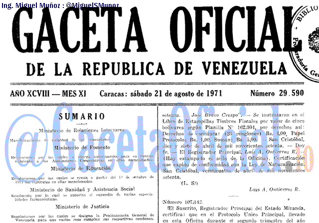 Gaceta Oficial 29590 del 21 Agosto 1971