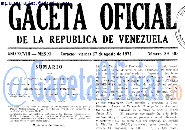 Gaceta Oficial 29595 del 27 Agosto 1971