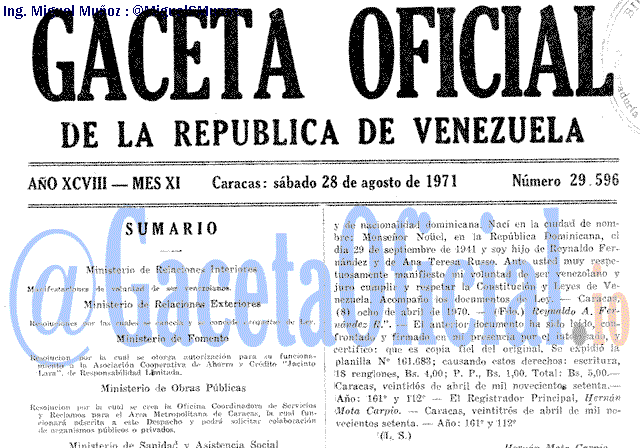 Gaceta Oficial 29596 del 28 Agosto 1971