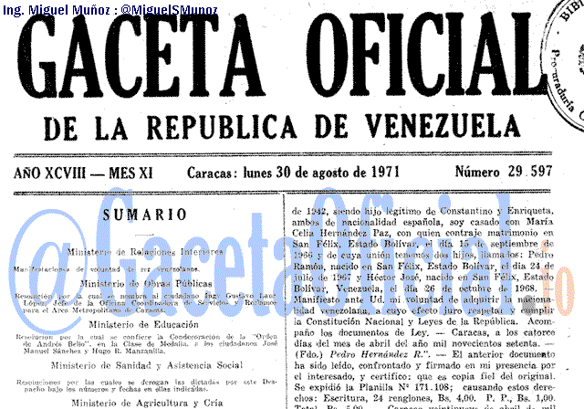 Gaceta Oficial 29597 del 30 Agosto 1971