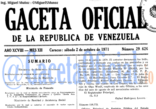 Gaceta Oficial 29626 del 2 Octubre 1971