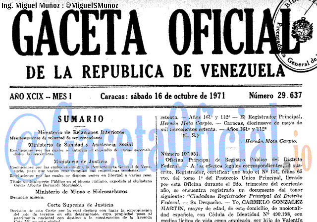 Gaceta Oficial 29637 del 16 Octubre 1971