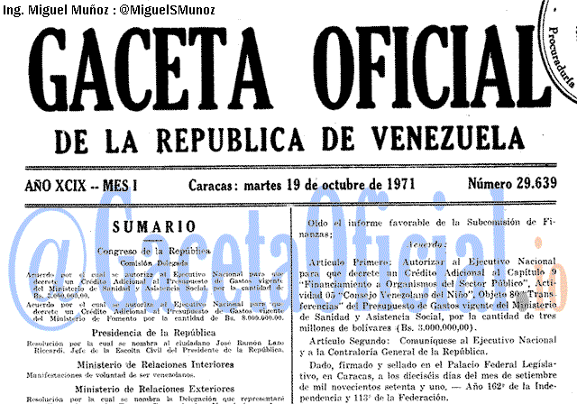 Gaceta Oficial 29639 del 19 Octubre 1971