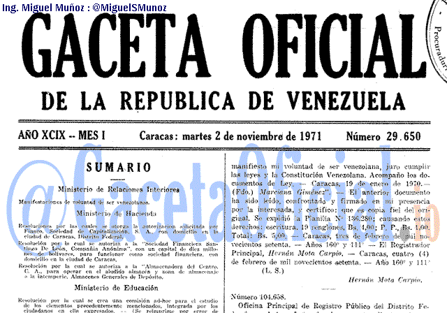 Gaceta Oficial 29650 del 2 Noviembre 1971