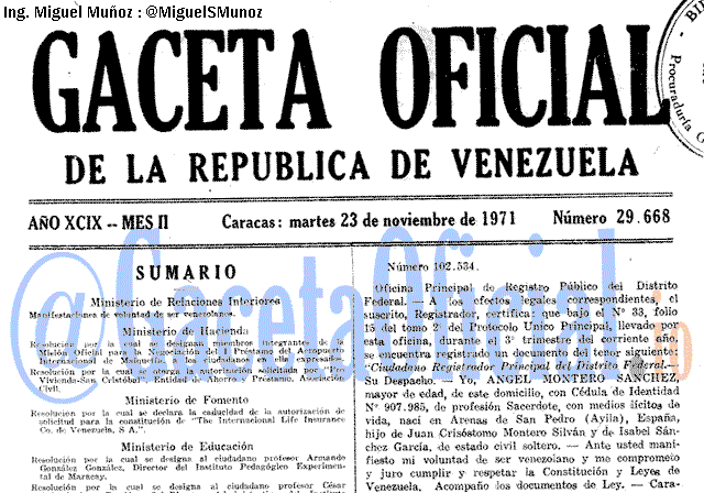 Gaceta Oficial 29668 del 23 Noviembre 1971