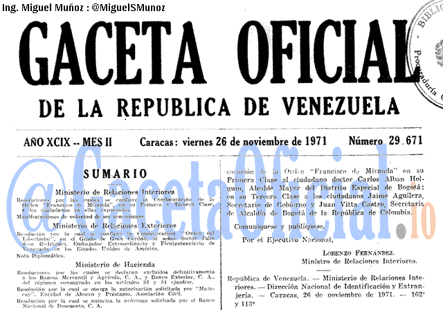 Gaceta Oficial 29671 del 26 Noviembre 1971
