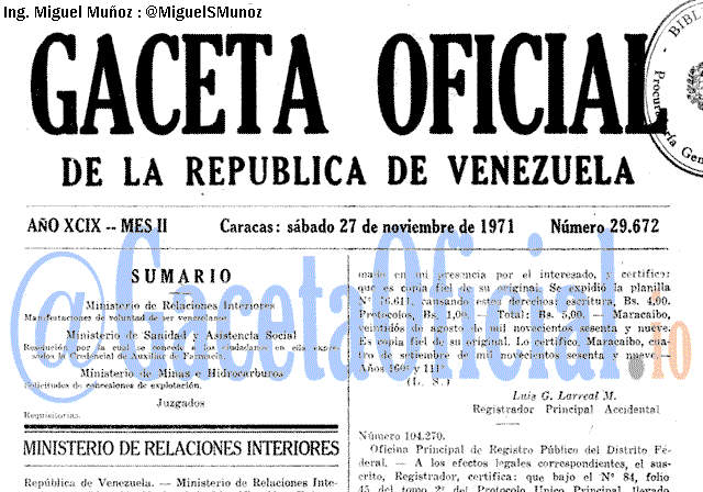Gaceta Oficial 29672 del 27 Noviembre 1971