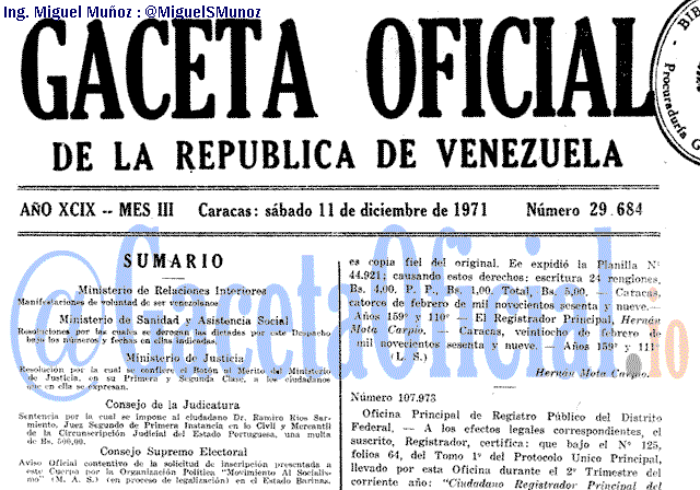 Gaceta Oficial 29684 del 11 Diciembre 1971