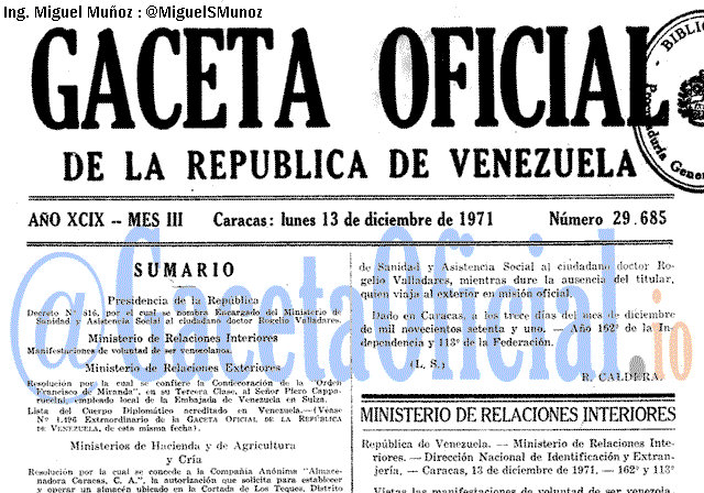 Gaceta Oficial 29685 del 13 Diciembre 1971