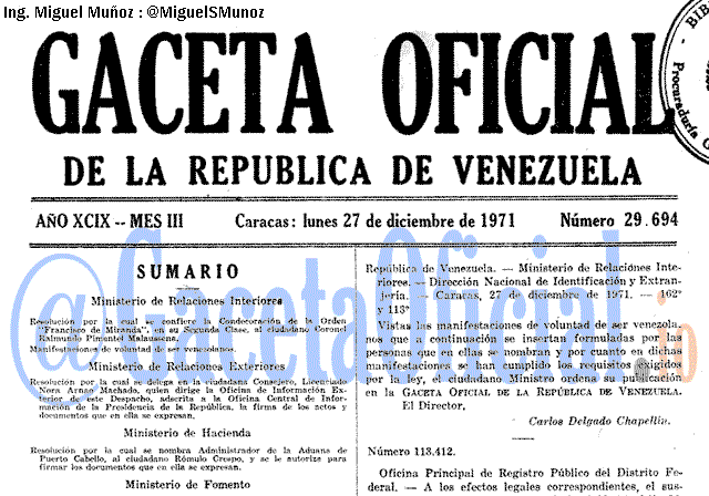 Gaceta Oficial 29694 del 27 Diciembre 1971