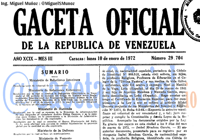 Gaceta Oficial 29704 del 10 Enero 1972